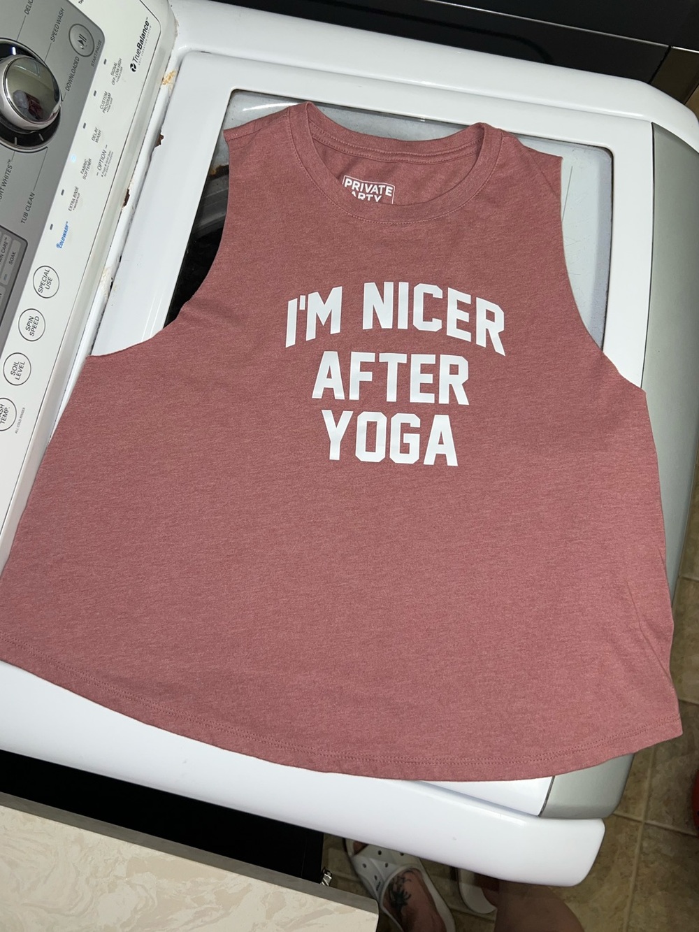 PRIVATE PARTY Mauve Muscle Tank with White Slogan ( I’m Nicer After Yoga)